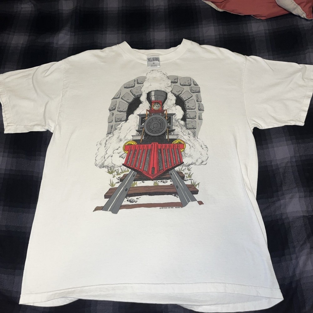 Vintage Train T Shirt Adult XL White Big Graphic Breakthrough Steam Engine 90s