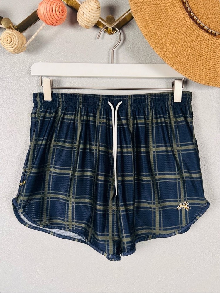 Tracksmith Women's Van Cortlandt Grand Running Shorts Navy Plaid Lined Medium