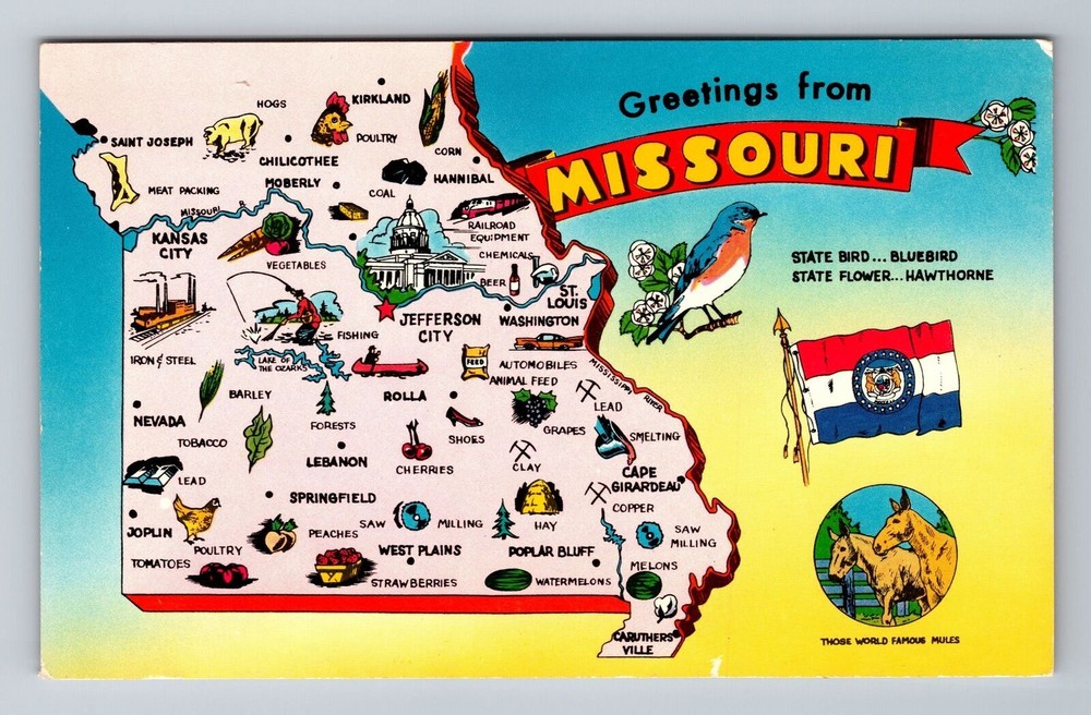 MO-Missouri, General Greetings Landmarks Map, Vintage Postcard