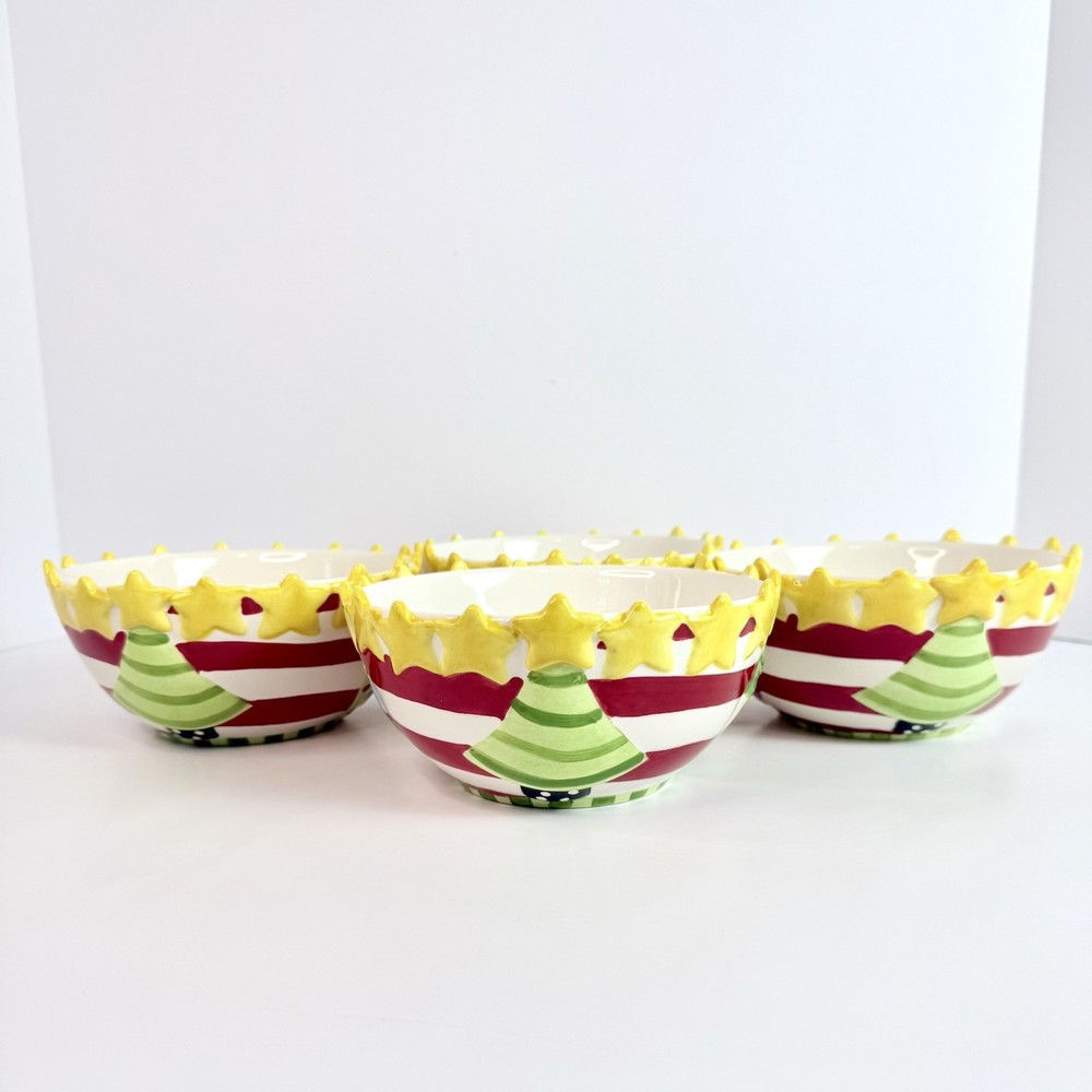 4 NEW Becca Signature Collection Home ETC Christmas red stripe Bowl 3d Tree Gift