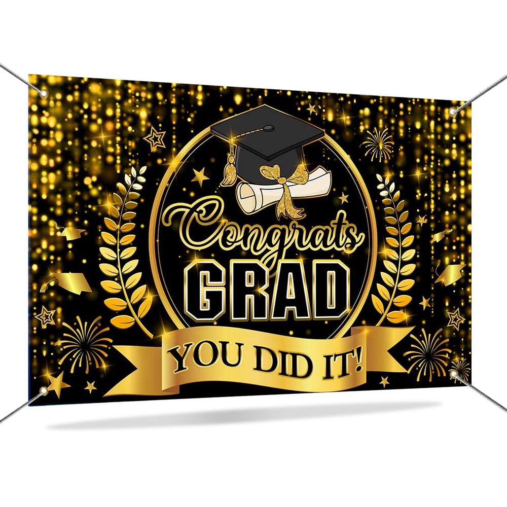 Congrats Grad 2026 Banner Black and Gold Graduation Decorations Class of 2026