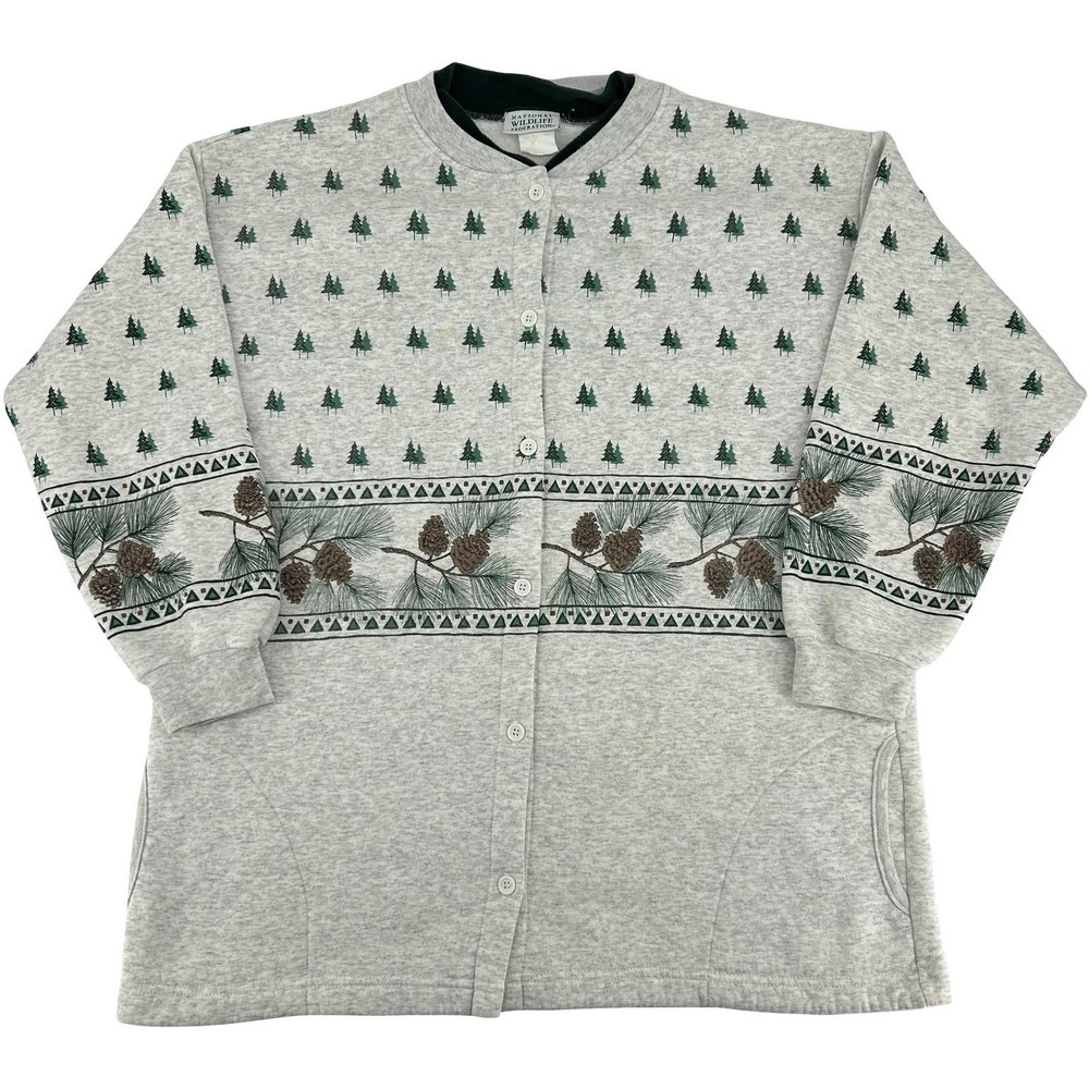 Vintage 90s Women's Grey Trees Pinecones AOP Button Up Cardigan Sweatshirt 2XL