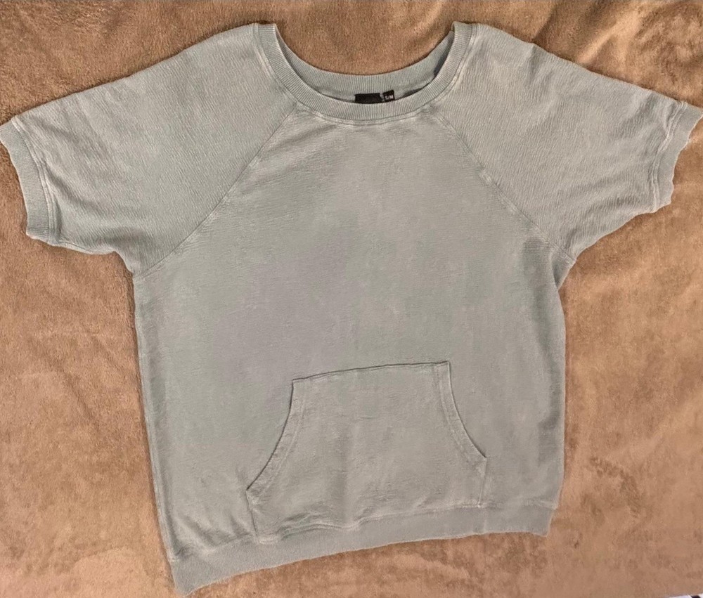 Mono B Crew Neck Sweatshirt Pullover Top Short Sleeve Pocket S/M Mint Green