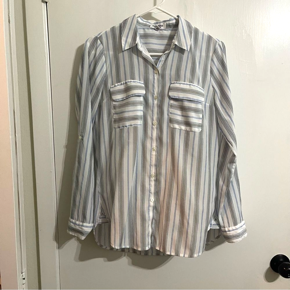 Express Women’s White w/Blue & Black Striped Button Down Shirt Rolled Sleeve S