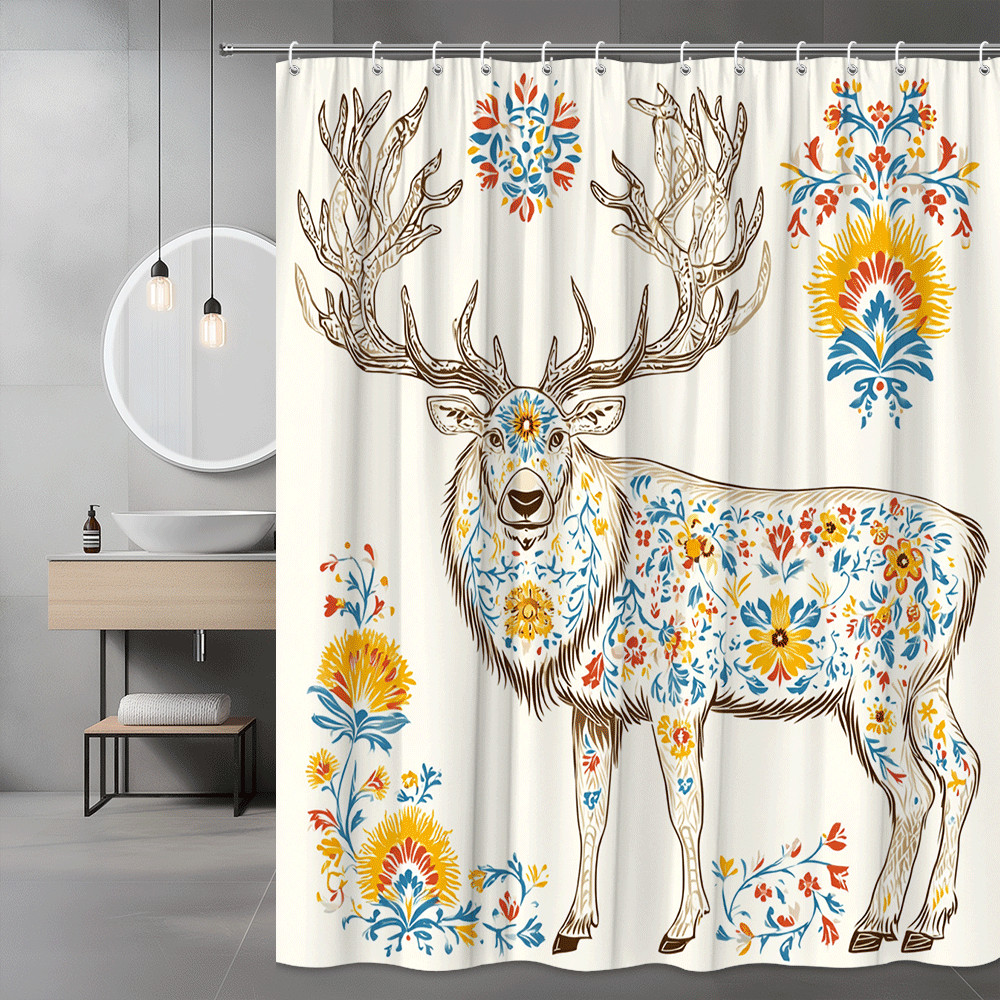 Floral Deer Shower Curtain Boho Western Print