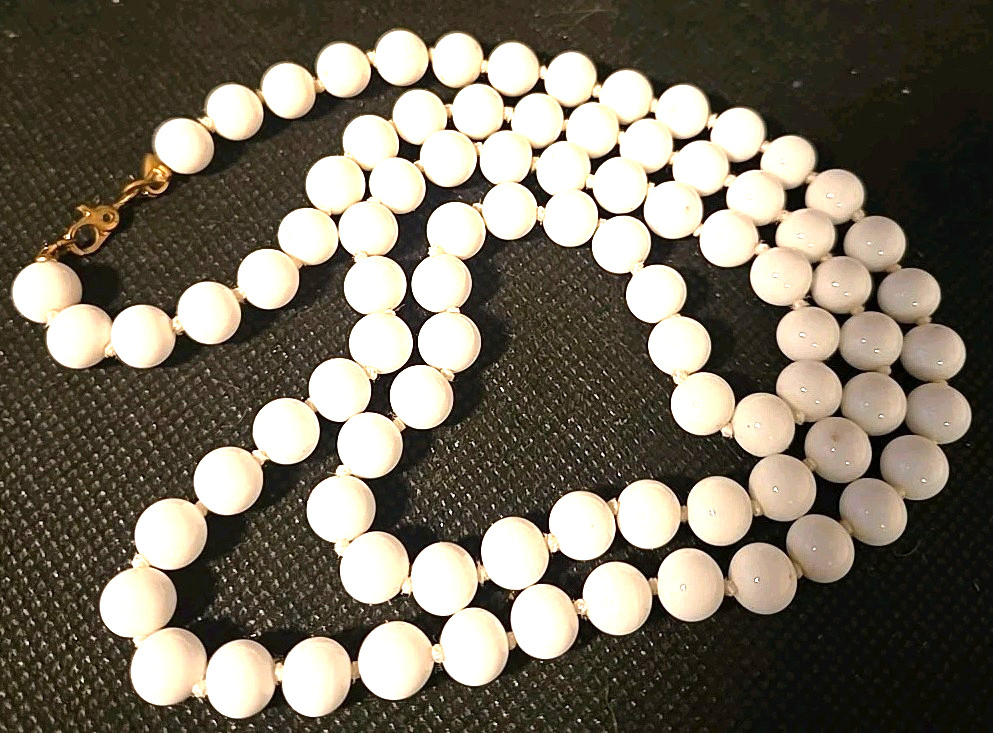 Monet Hand Knotted Milk Glass Strand 6 Mil 28” Beaded Necklace Vintage