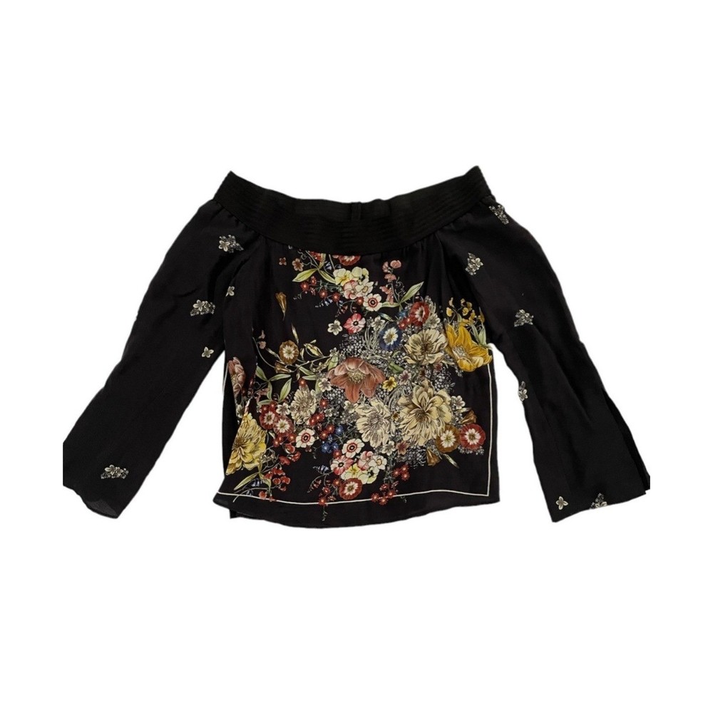 Zara Black Floral Off The Shoulder Blouse Long Bell Sleeve Botanical Print Top