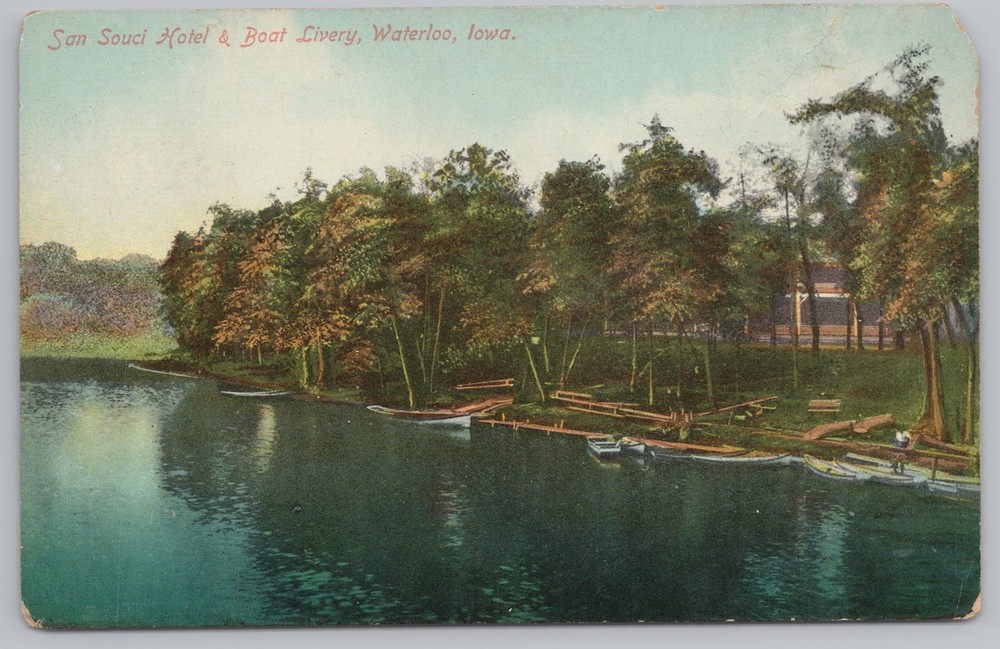 Hotel & Resort~Waterloo IA~San Souci Hotel & Boat Livery~Kayaks~Vintage Postcard