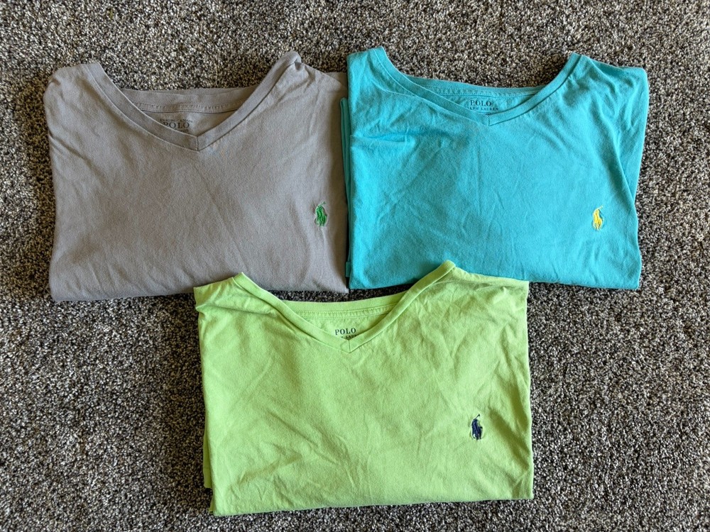 Polo Ralph Lauren V Neck T Shirt Lot 3 Mens 2XL Gray Green Blue Pony Logo