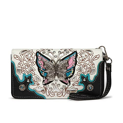 Western Butterfly Rhinestone Concho Studded Floral Black Embroidered Top