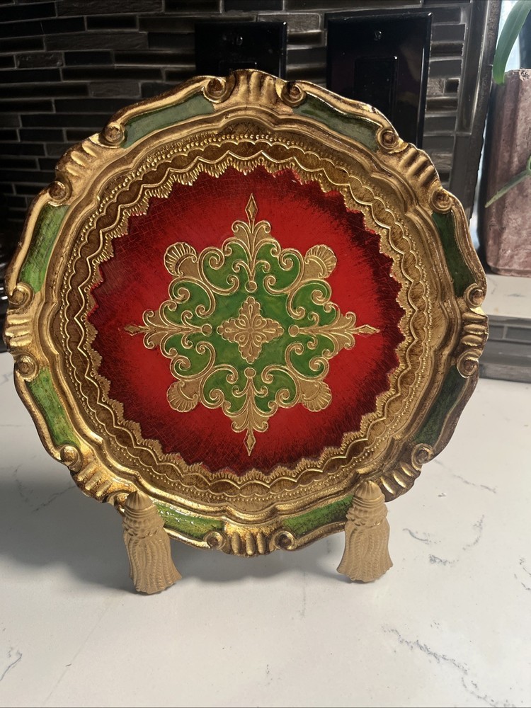 VTG Italian Florentine Tray/plate Red Gold Green With Metal Stand
