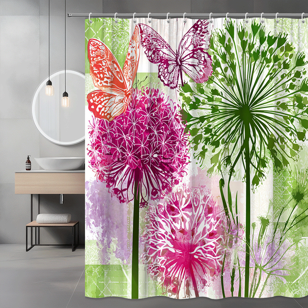 Floral Butterfly Shower Curtain Pink Green Abstract Print