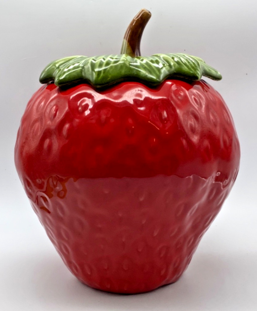 Vintage Ceramic Strawberry Cookie Jar w/Lid, Bright Red # 8410, S.C.T., 9.25”