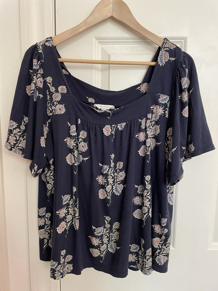 Lucky Brand Knit Square Neck Top Sz XL Navy Floral Lightweight