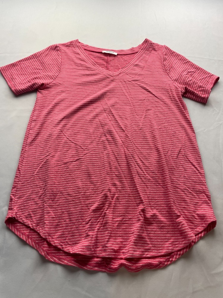 Zenana T-Shirt Womens Large Red White Striped Short Sleeve V-Neck Casual