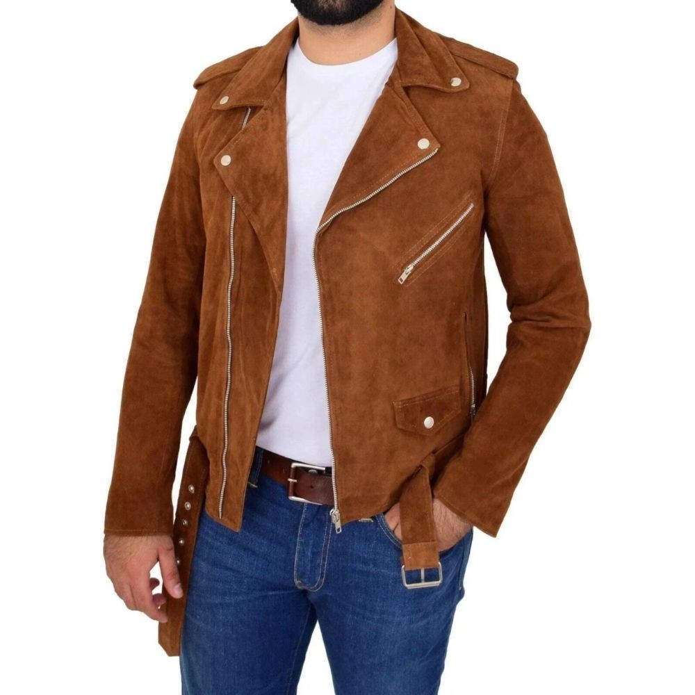 Men's  Brown Real Suede Biker Jacket Suede Leather Motorcycle Jacket