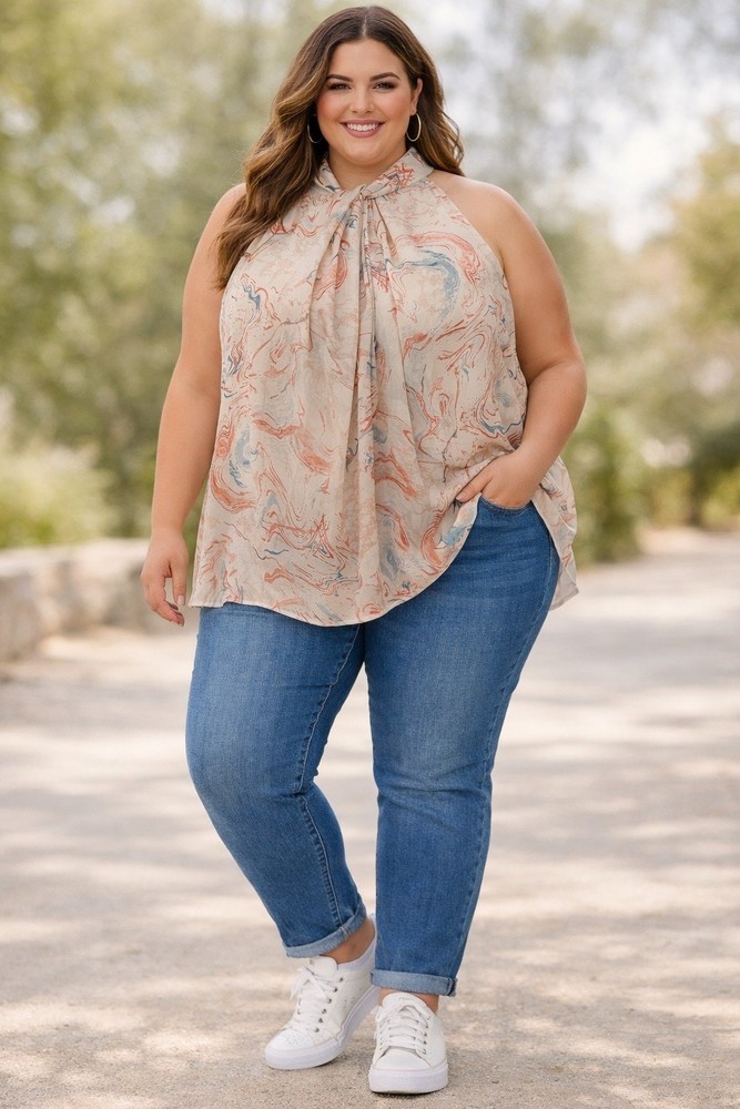 Torrid Georgette Knot High Neck Tank Top 5X Marble Print Sleeveless Sheer Blouse