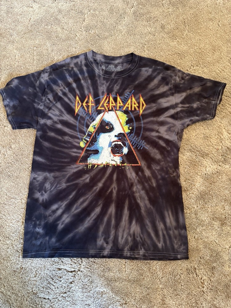 Def Leppard Tie-Dye Graphic Logo Crew Neck Cotton T-Shirt Black/Gray Size Large