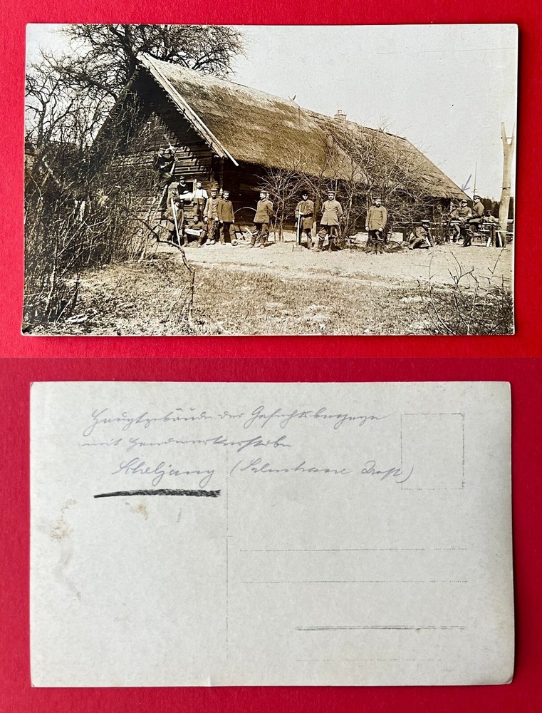 military photo postcard 1st WWII Soldiers in Front of Accommodation Wooden House (158826-image