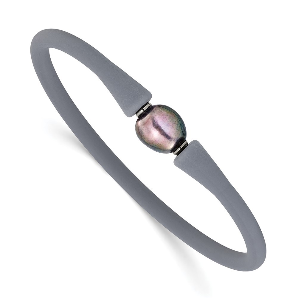 Stainless Steel 9-10mm Freshwater Cultured Pearl on Grey Silicone Bracelet 7.5