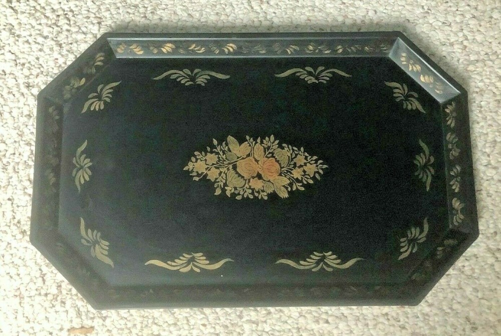 Vintage Floral Gold Detail Black Tray Nashco Products New York Hand Painted