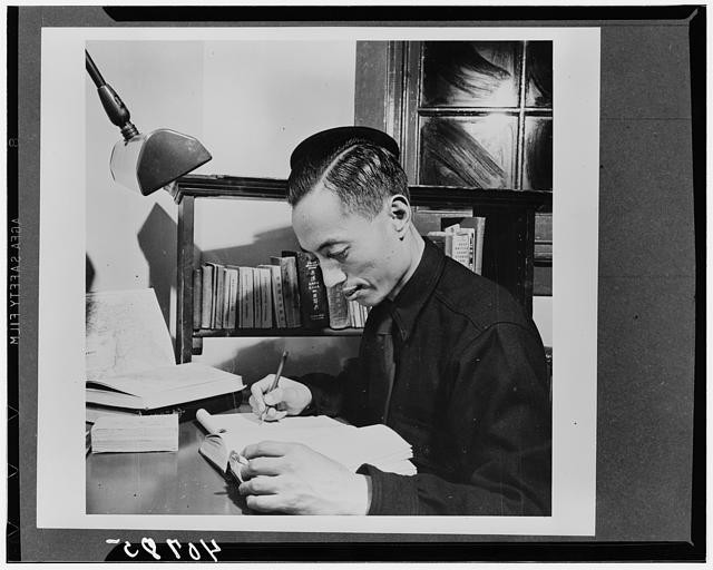 Photo:Unknown Man 1900s Writing at Desk Lamp Books Portrait
