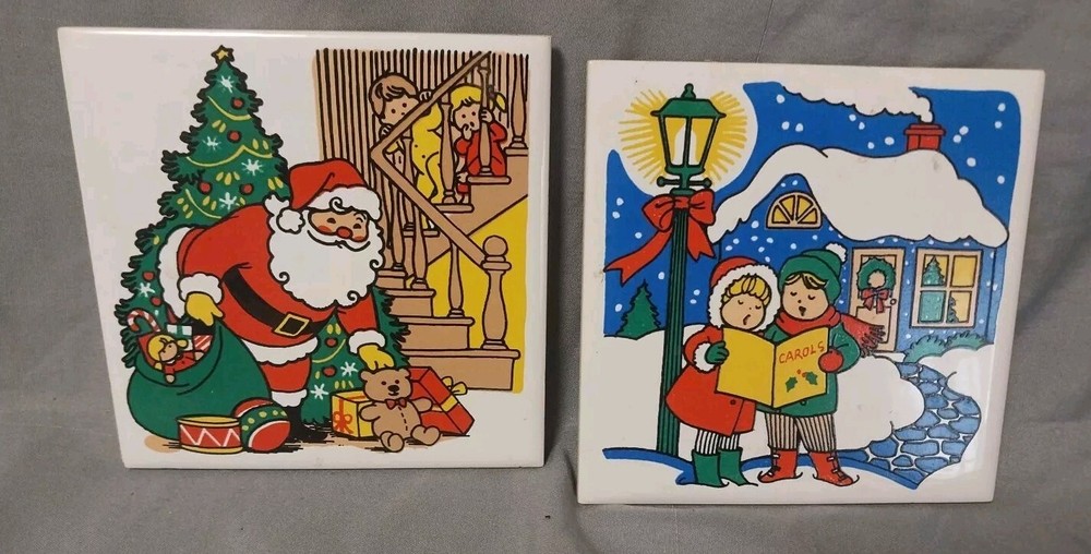 Vintage Set Of 2  1982 Christmas Trivets tile ceramic JSNY Taiwan Santa 4x4