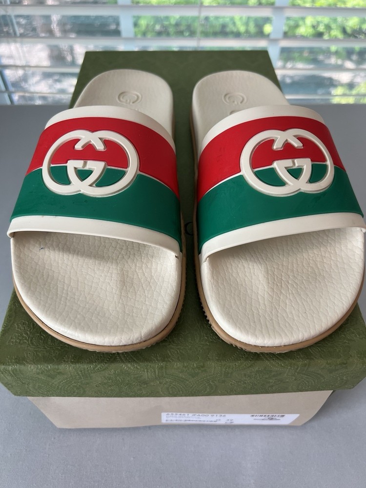 GUCCI GG Interlock Slides Womens Size 39 US 9 in Cream Green Red