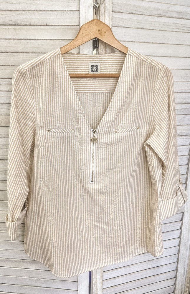 Anne Klein Sz M Beige/White Striped 3/4 Sleeve Tunic Blouse Half Zip-up Design