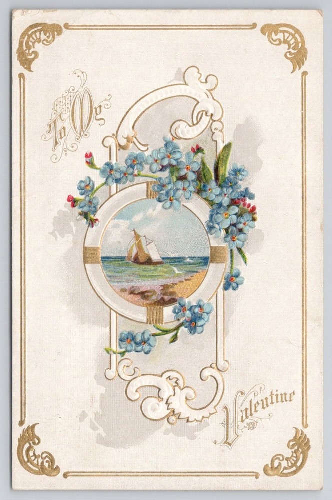 1909 Valentine Postcard Sailboat Beach Forget-Me-Nots Embossed Gold Gilt