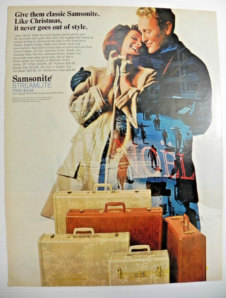 1966 Samsonite Streamline Luggage Print Ad Christmas Ad - Great Artwork!