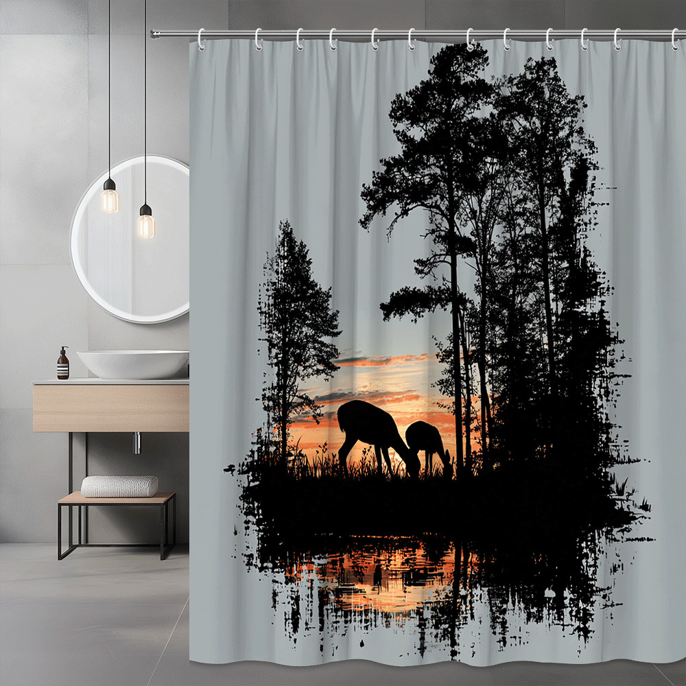 Deer Sunset Forest Silhouette Shower Curtain Graphic Print