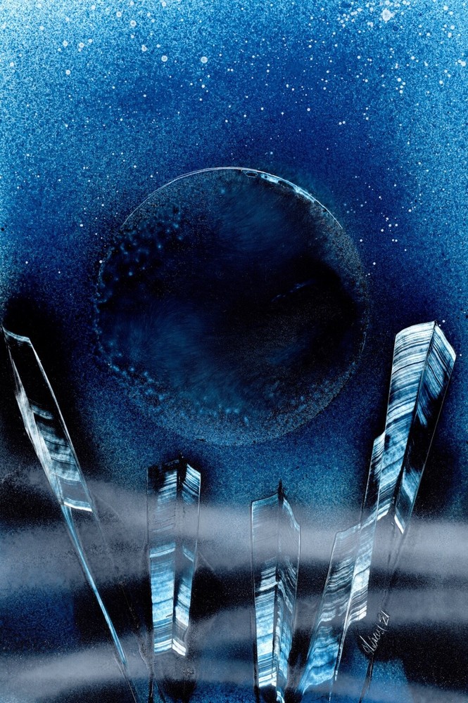 Painting of a Blue Mystical World with Stars Signed by artist Jason Girard.