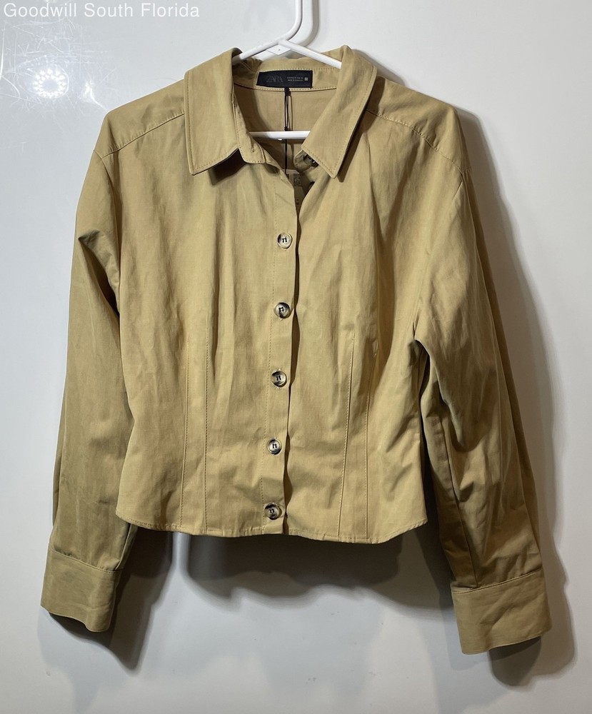 Zara Womens Tan Spread Collar Long Sleeve Button-Up Shirt Size M With Tags
