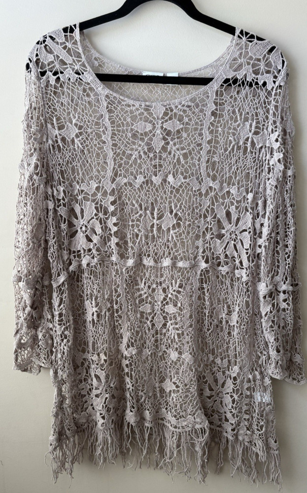 Women's Crochet Floral Lace Fringed Top Size 18/20W Boho Hippie Beachy Coastal