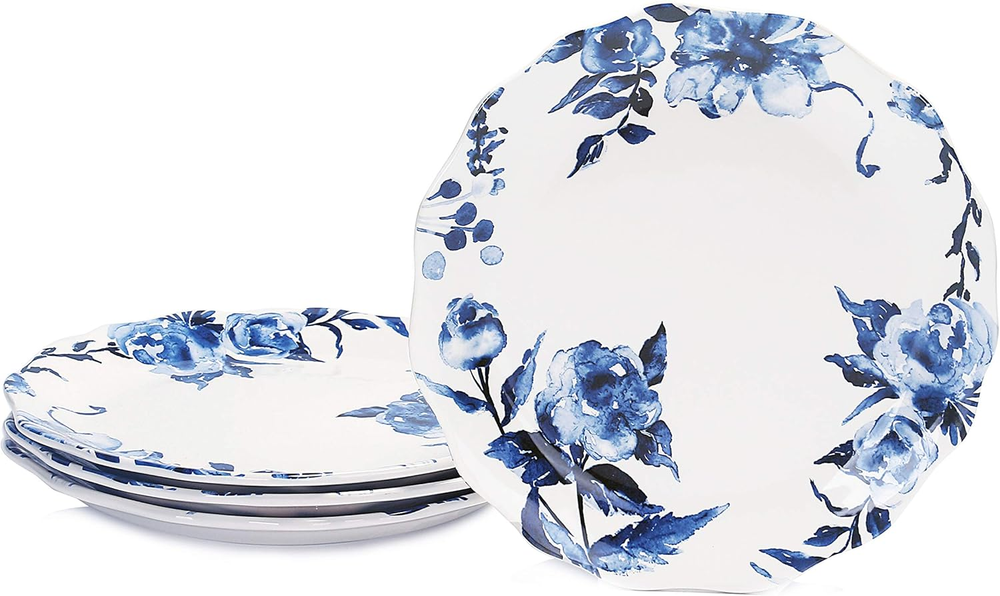Watercolor Blue Flower Scalloped Dinner Plates, Ceramic, 11 Inch, Set of 4, for