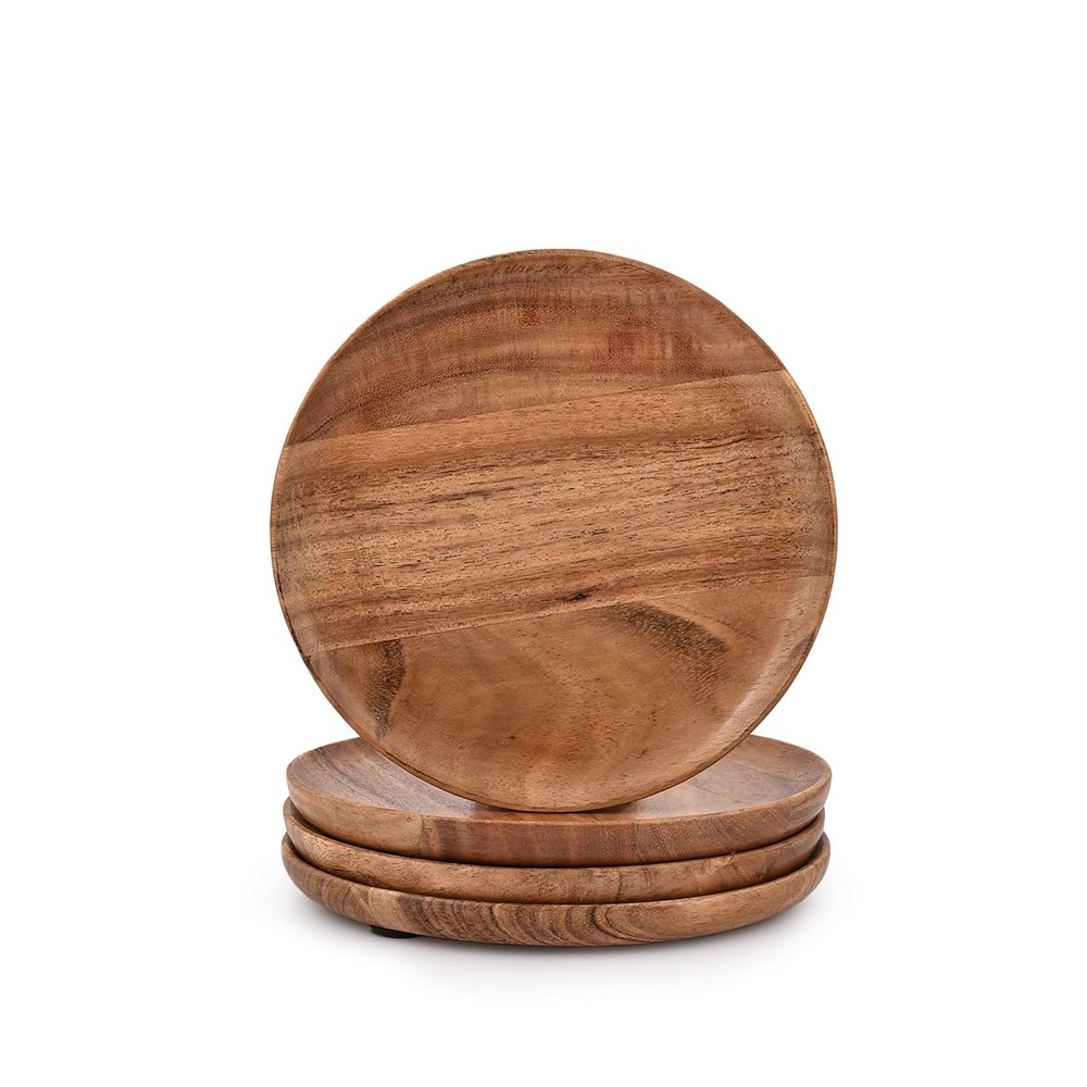 Acacia Wood Round Wood Plates Set of 4, Easy Cleaning & Lightweight for Dishe...-image