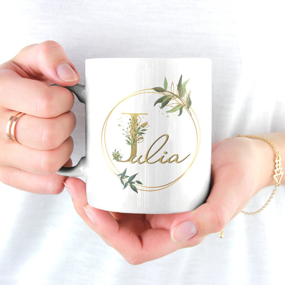 Personalized Name Initial Letter Monogram Floral Alphabet Wedding Guest Gift Mug