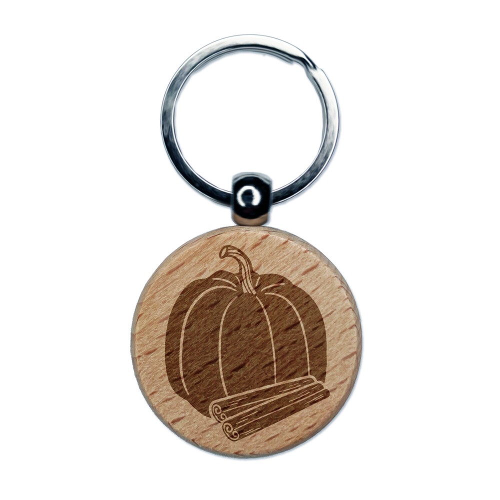 Pumpkin Spice Drawing Engraved Wood Round Keychain Tag Charm