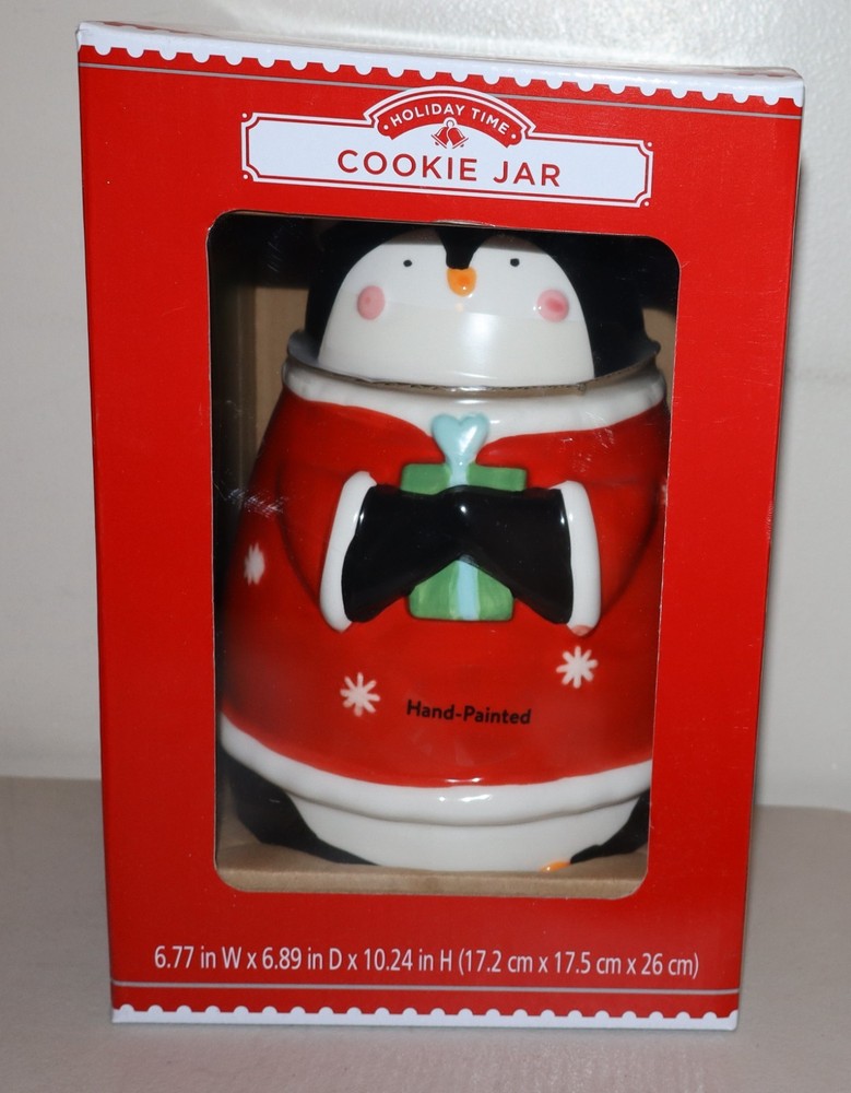 NEW Holiday Time Christmas Cookie Jar Red Penguin Ceramic Hand Painted Canister