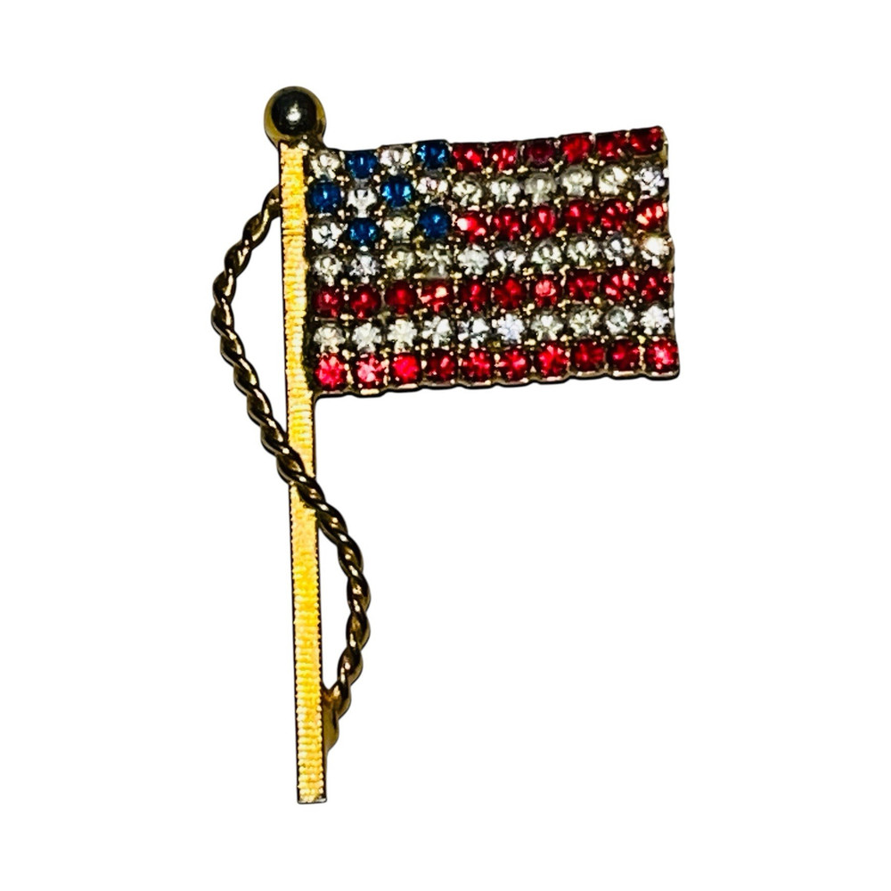 Rhinestone American Flag Brooch Pin Gold Tone Red White Blue Patriotic Theme