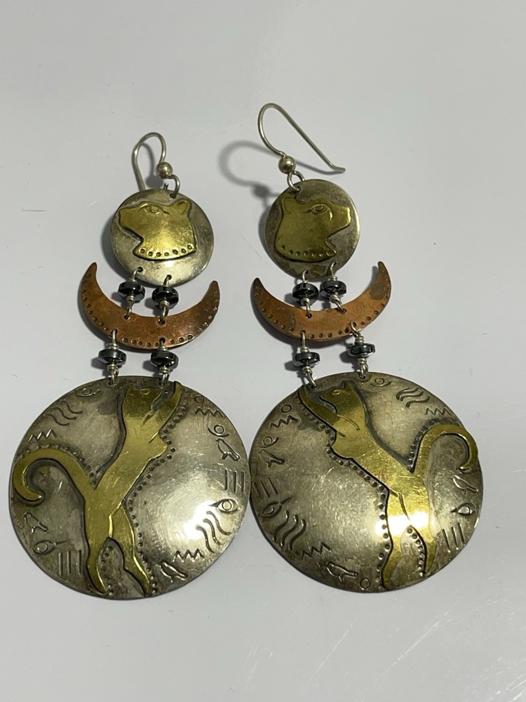 VTG Designer Handmade Cats 925 Sterling Silver Hook Dangle Earrings Chris Leja