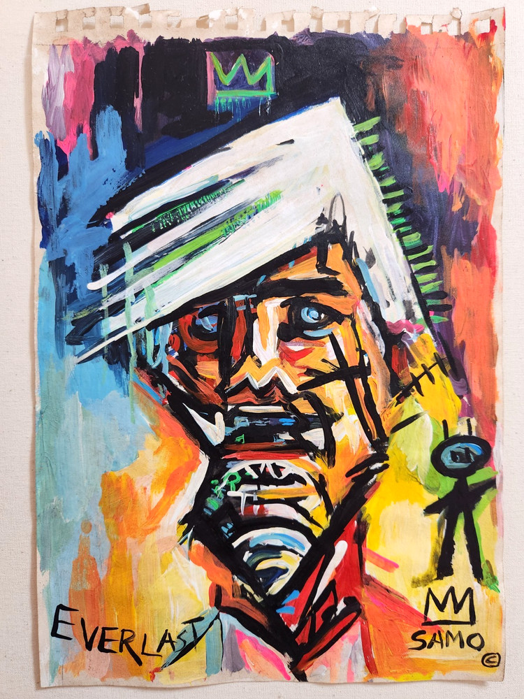 JEAN MICHEL BASQUIAT 12x9 in. Painting on paper (Andy Warhol) signed & stamped