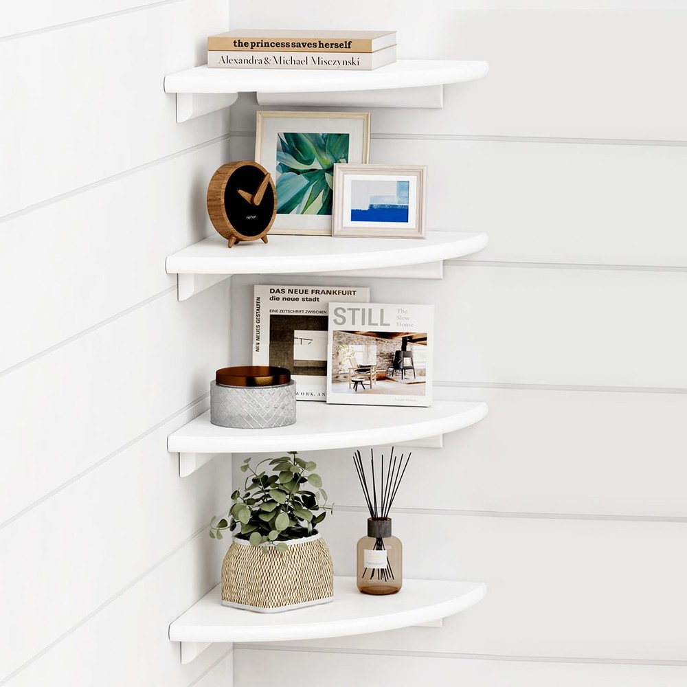 Forbena White Corner Floating Shelves for Wall Set of 4, Rounded Corner Shelv...