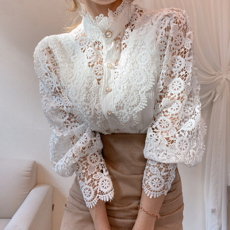 Women's temperament solid color stand collar lace shirt pearl button top