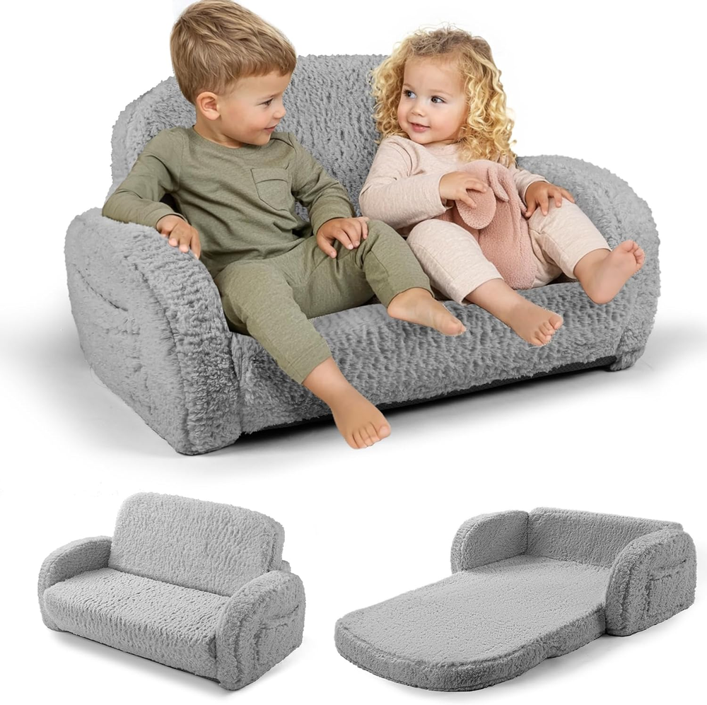 2-in-1 Sherpa Foldable Kids Couch with Extra Wide Convertible Toddler Chair Design