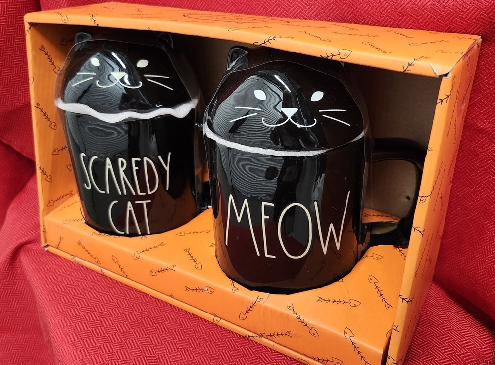 Rae Dunn Artisan Collection  2 Piece Black Scaredy Cat & Meow Mugs w/ Tops