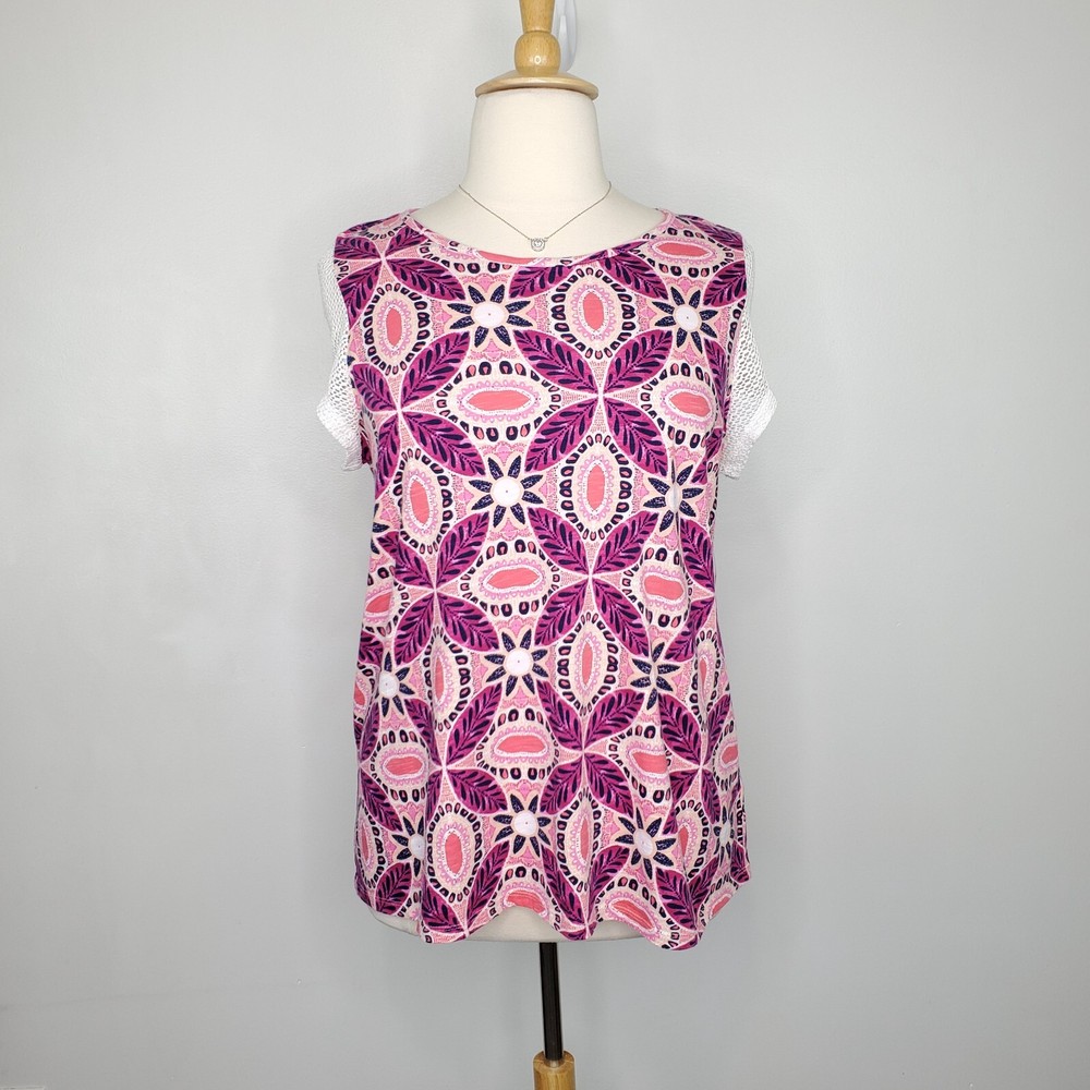 New Directions Weekend Geometric Floral Leaves Cap Sleeve Knit Top NEW NWT Sz 0X