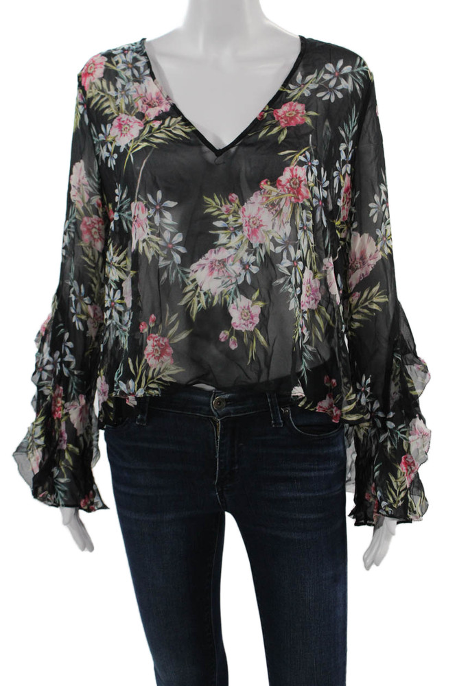 Intermix Women Black V-Neck Floral Viscose Long Sleeve Blouse Size MFree Shipping in US $100+ Orders | $6.95 Orders Below