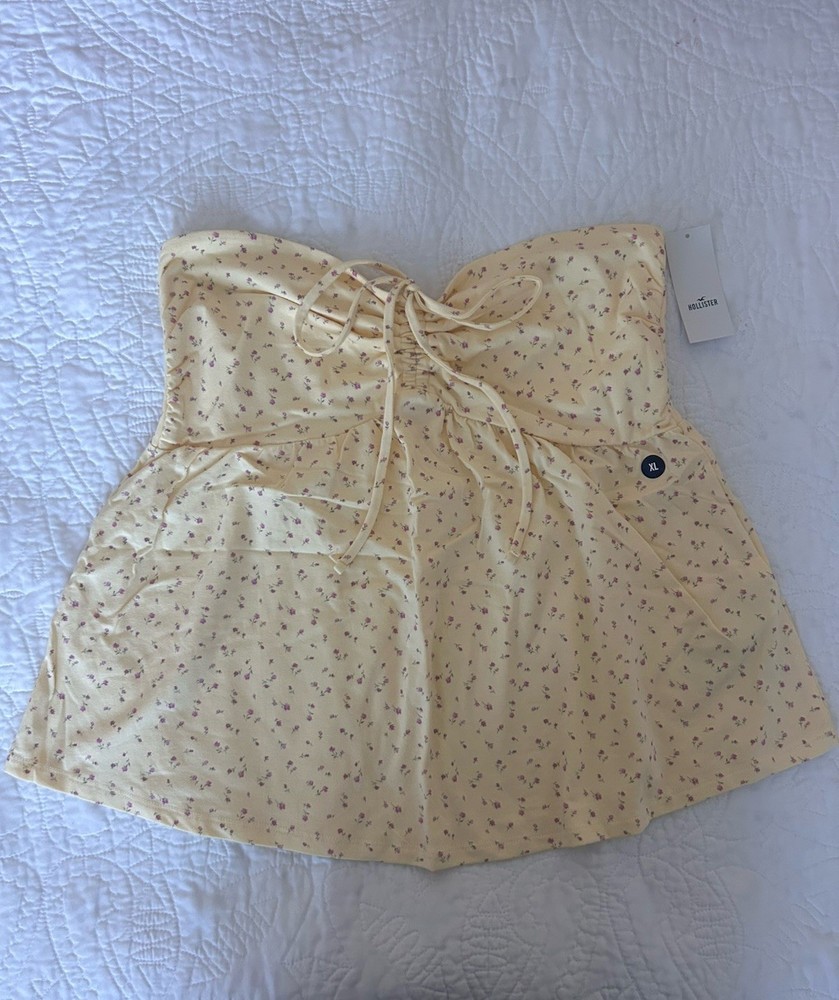 Hollister Women’s Strapless Tube Top XL Yellow/Purple Floral Tie Front Ruched